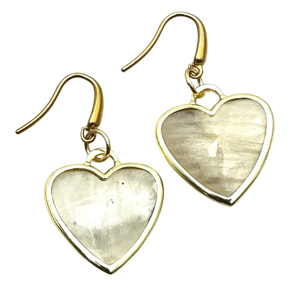 Womens Moonstone Gemstone Opaque Heart Gold Plated Earrings Pierced Chandelier